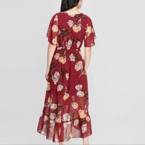 A New Day Floral Maroon Faux Wrap Short Sleeve Midi Dress Sz XL - Picture 2 of 5